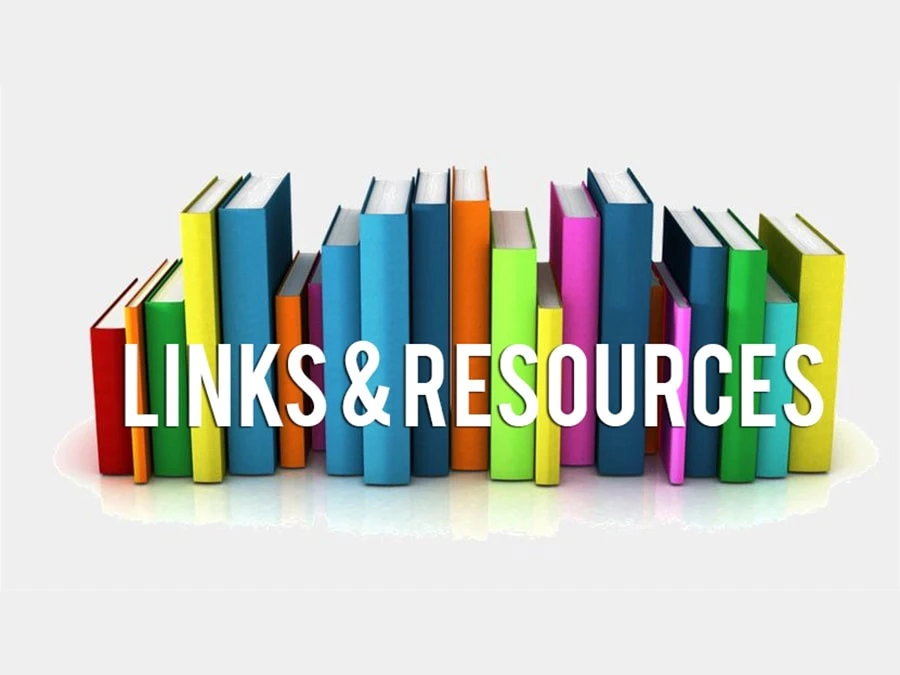 Links and Resources overlaid on a row of books